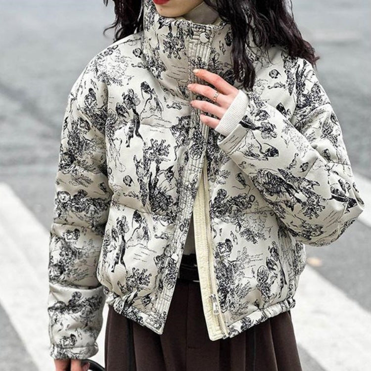Quilted jacket with stand-up collar and full-length zipper