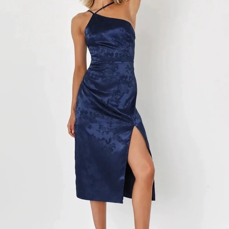 Midi dress with narrow straps and side slit
