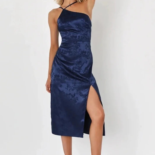 Midi dress with narrow straps and side slit