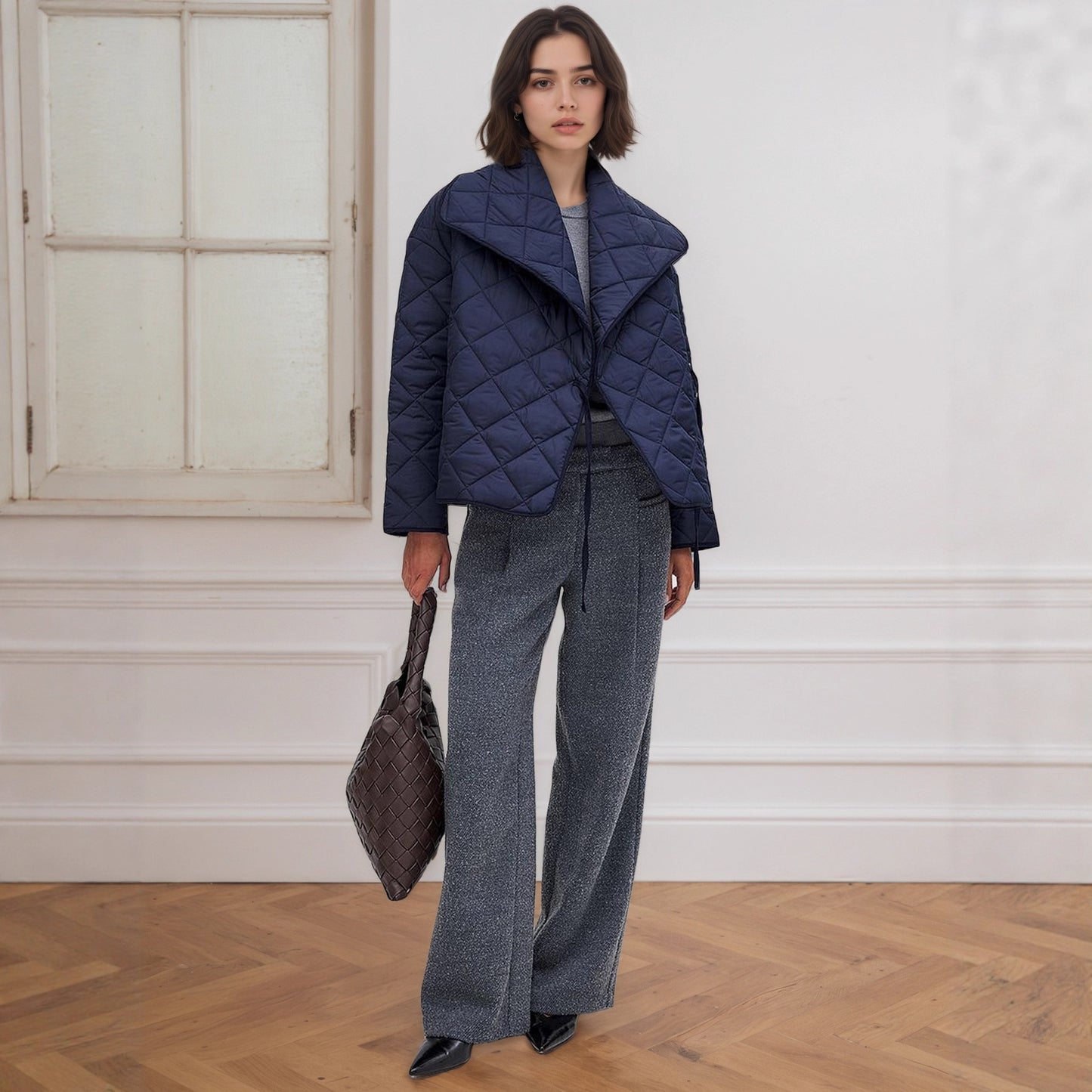 Quilted jacket with diamond quilting and lapel collar