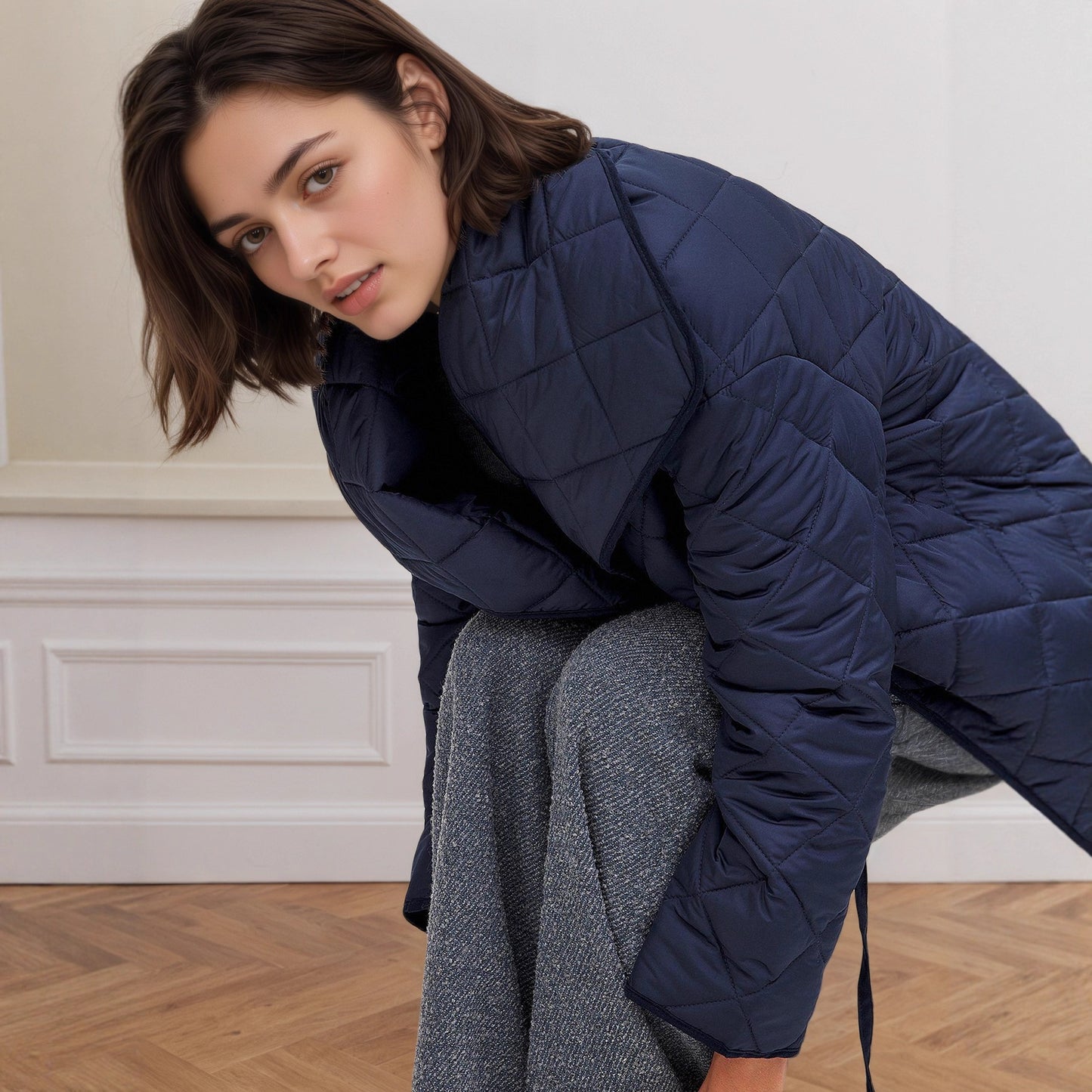 Quilted jacket with diamond quilting and lapel collar