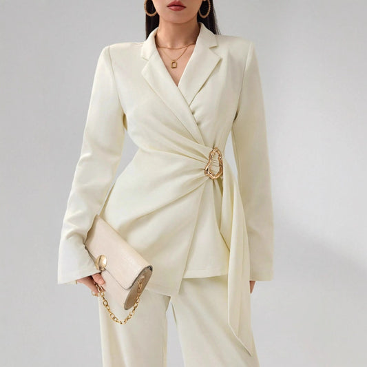 Two-piece suit with wrap blazer and straight-leg pants
