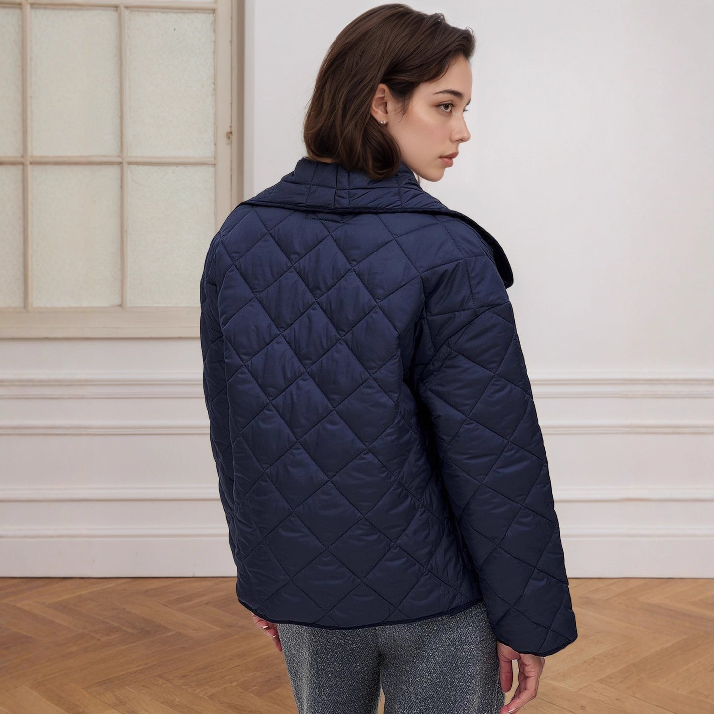 Quilted jacket with diamond quilting and lapel collar