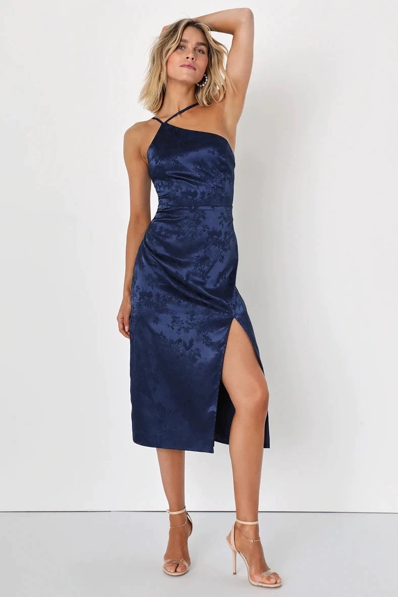 Midi dress with narrow straps and side slit