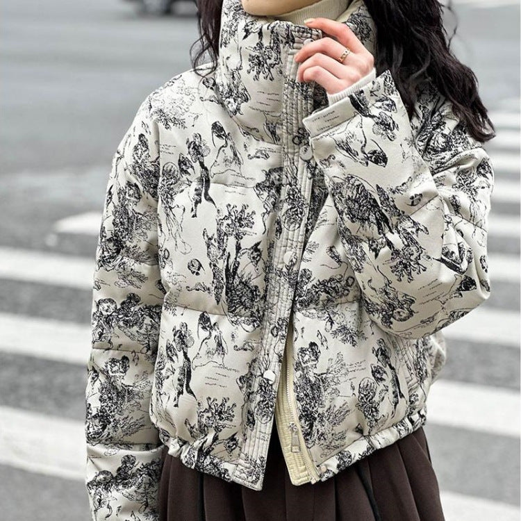 Quilted jacket with stand-up collar and full-length zipper