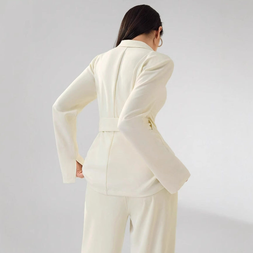 Two-piece suit with wrap blazer and straight-leg pants