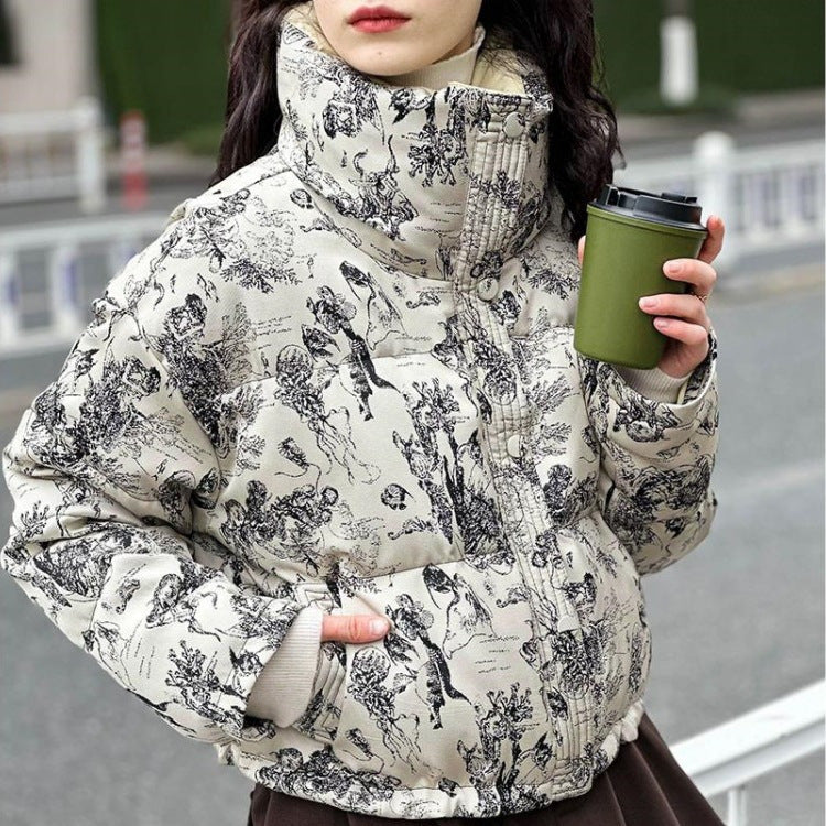 Quilted jacket with stand-up collar and full-length zipper