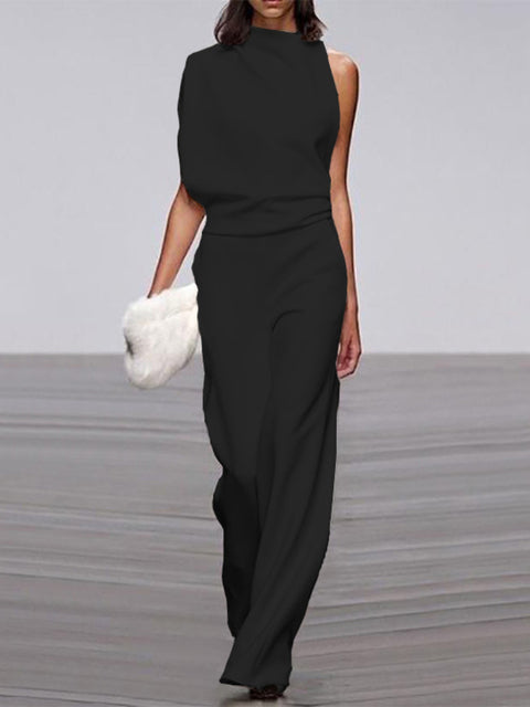 Women's Jumpsuit With Round Neckline, Sleeveless, And Wide Legs
