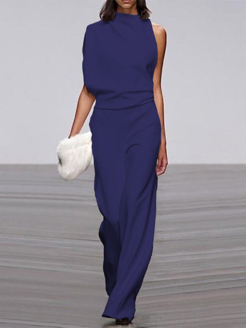 Women's Jumpsuit With Round Neckline, Sleeveless, And Wide Legs