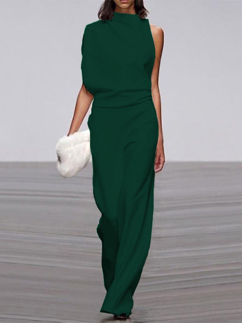 Women's Jumpsuit With Round Neckline, Sleeveless, And Wide Legs