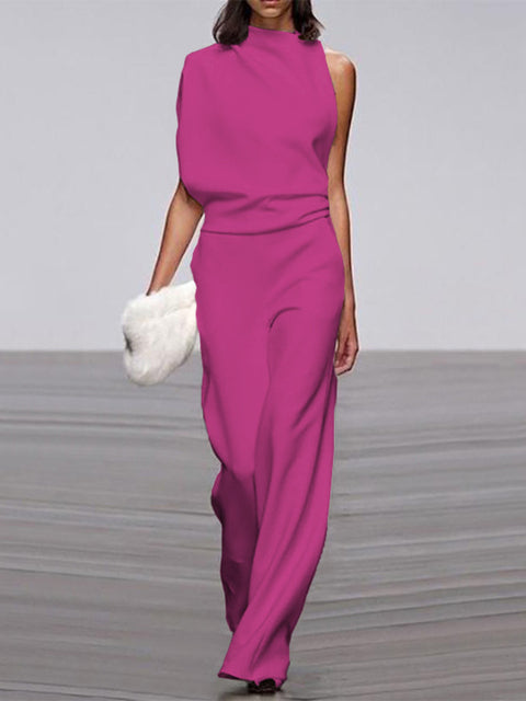 Women's Jumpsuit With Round Neckline, Sleeveless, And Wide Legs