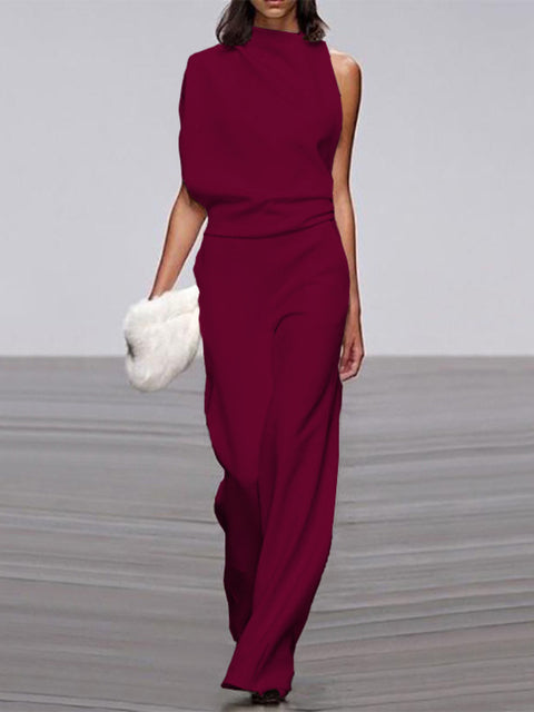 Women's Jumpsuit With Round Neckline, Sleeveless, And Wide Legs