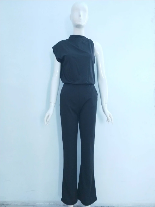 Women's Jumpsuit With Round Neckline, Sleeveless, And Wide Legs
