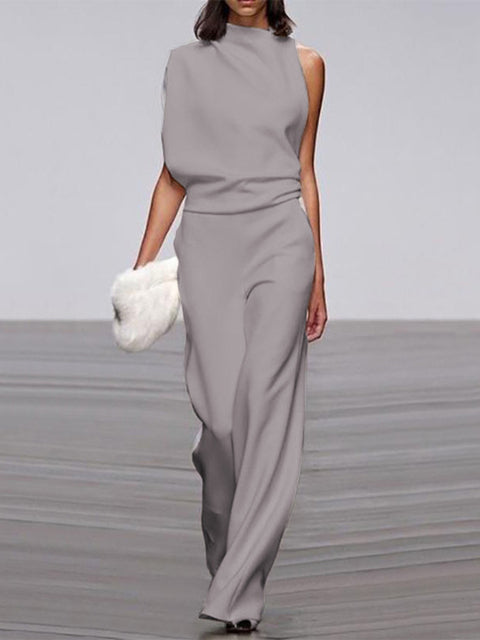 Women's Jumpsuit With Round Neckline, Sleeveless, And Wide Legs