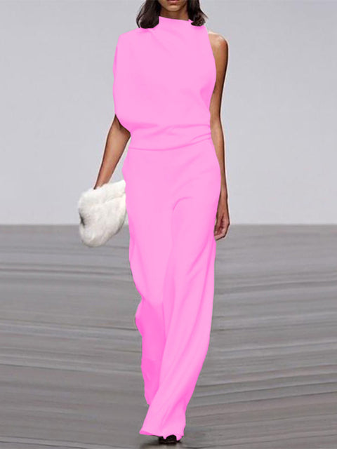 Women's Jumpsuit With Round Neckline, Sleeveless, And Wide Legs