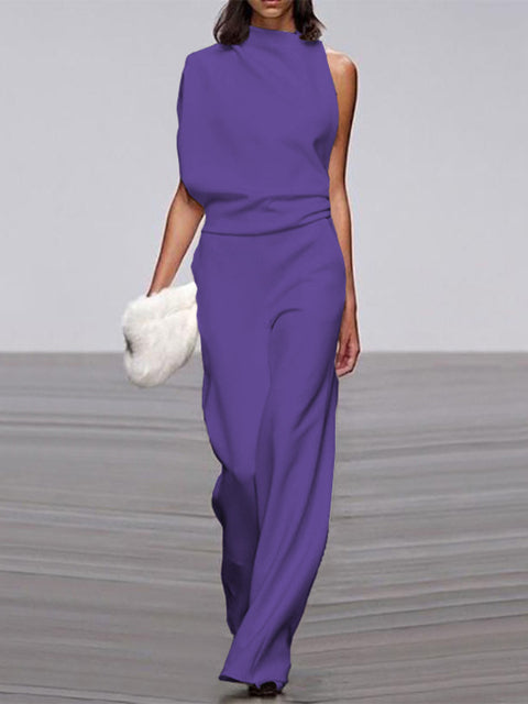 Women's Jumpsuit With Round Neckline, Sleeveless, And Wide Legs