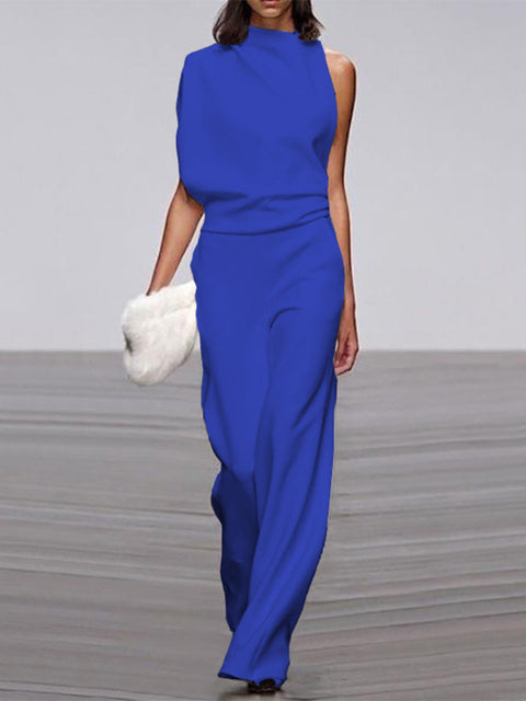 Women's Jumpsuit With Round Neckline, Sleeveless, And Wide Legs