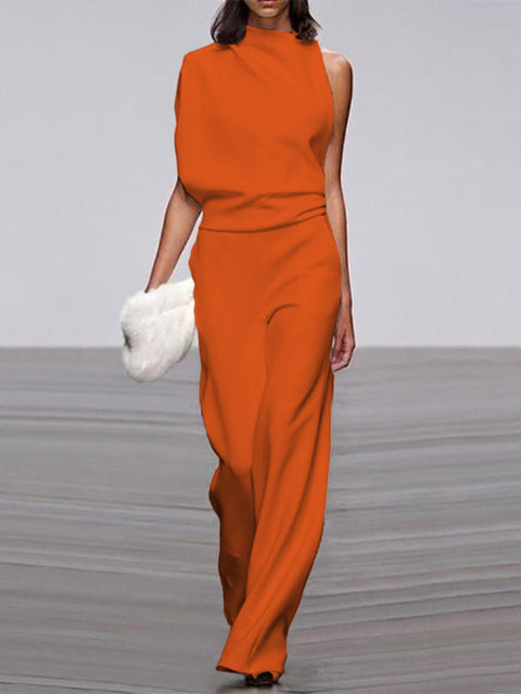 Women's Jumpsuit With Round Neckline, Sleeveless, And Wide Legs