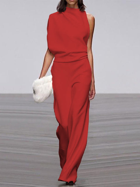 Women's Jumpsuit With Round Neckline, Sleeveless, And Wide Legs