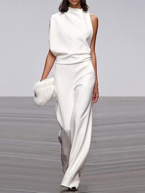 Women's Jumpsuit With Round Neckline, Sleeveless, And Wide Legs