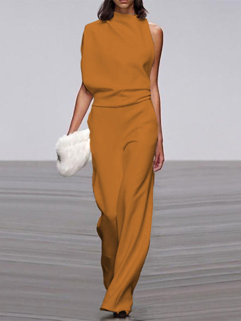 Women's Jumpsuit With Round Neckline, Sleeveless, And Wide Legs