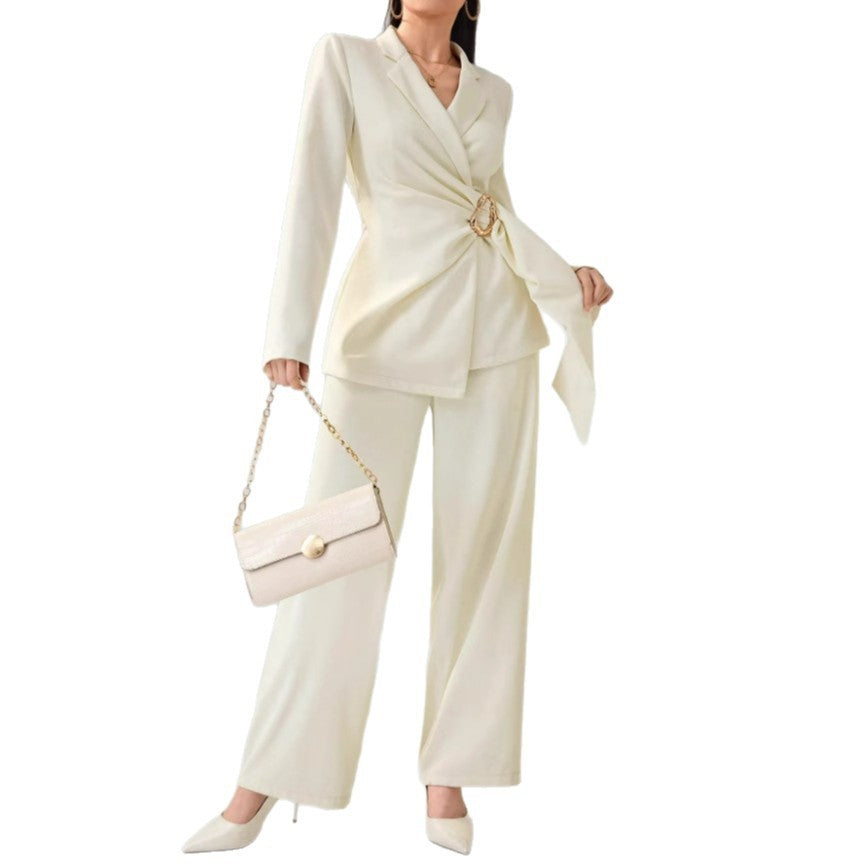Two-piece suit with wrap blazer and straight-leg pants