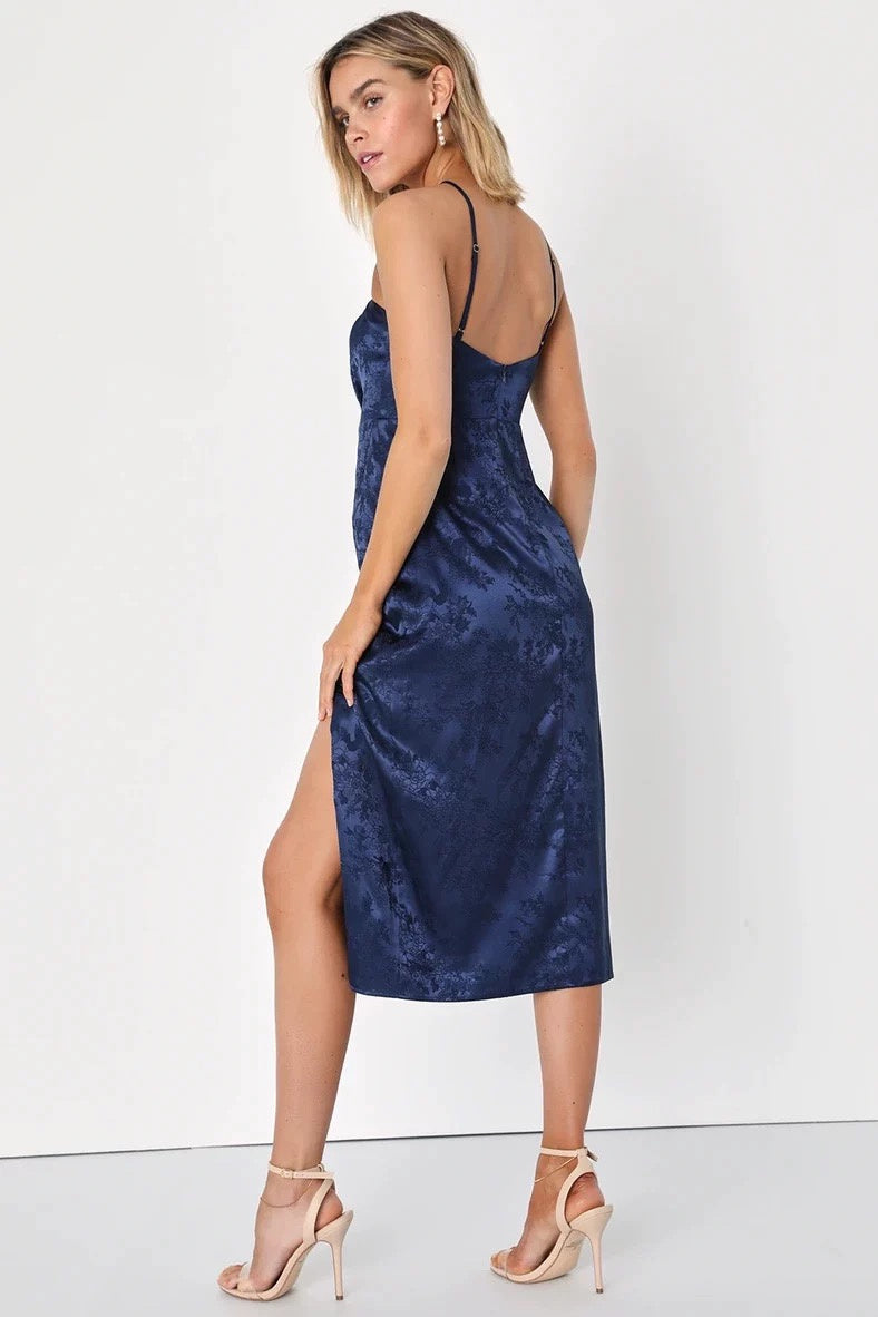 Midi dress with narrow straps and side slit