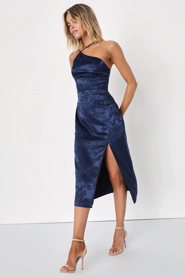 Midi dress with narrow straps and side slit