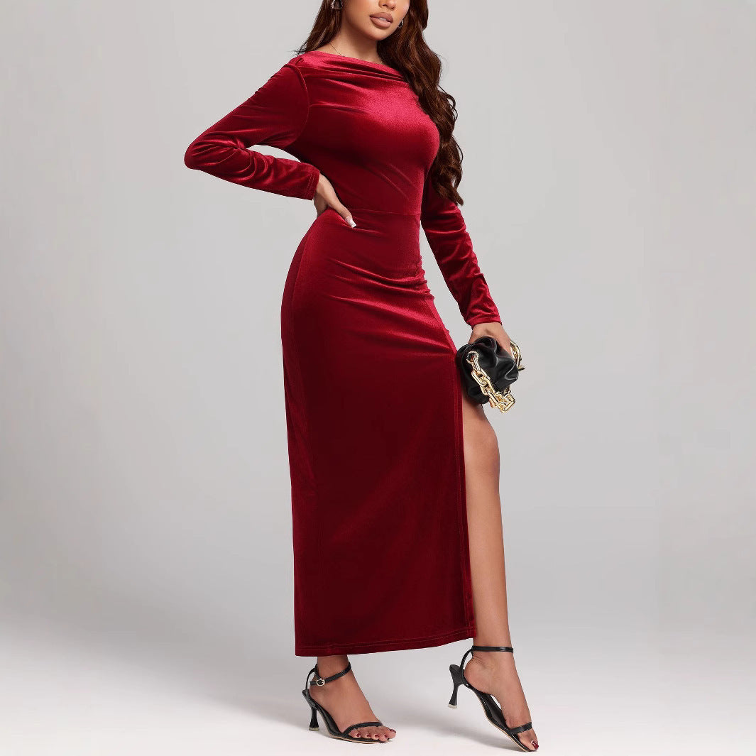 Long-sleeved dress with side slit and draping