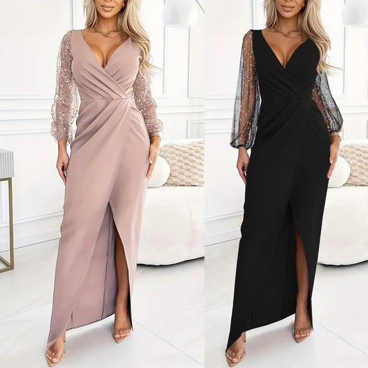 Long dress with transparent sleeves and wrap-around look
