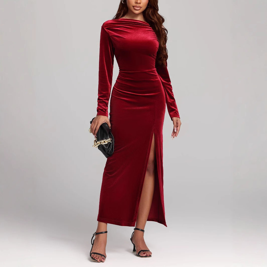 Long-sleeved dress with side slit and draping