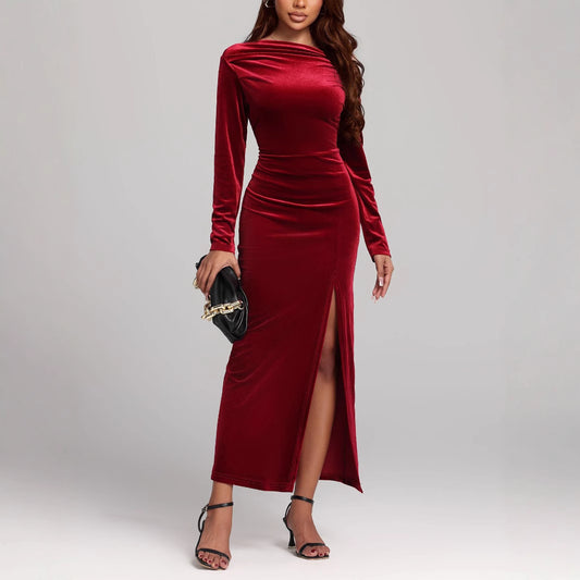 Long-sleeved dress with side slit and draping