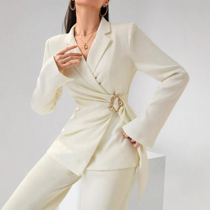 Two-piece suit with wrap blazer and straight-leg pants
