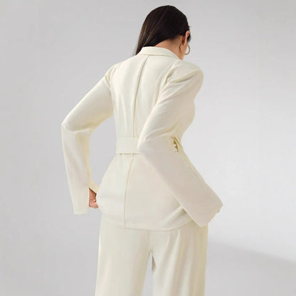 Two-piece suit with wrap blazer and straight-leg pants