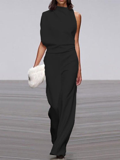 Women's Jumpsuit With Round Neckline, Sleeveless, And Wide Legs