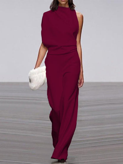 Women's Jumpsuit With Round Neckline, Sleeveless, And Wide Legs