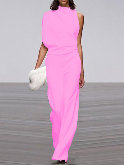 Women's Jumpsuit With Round Neckline, Sleeveless, And Wide Legs