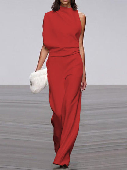 Women's Jumpsuit With Round Neckline, Sleeveless, And Wide Legs