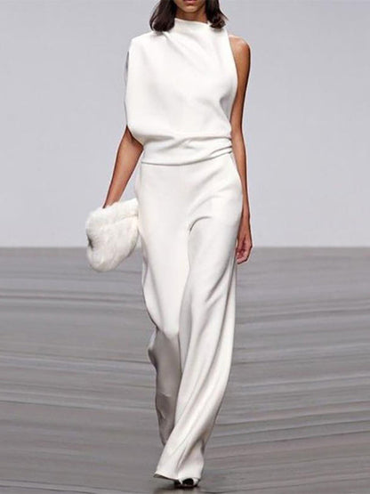 Women's Jumpsuit With Round Neckline, Sleeveless, And Wide Legs