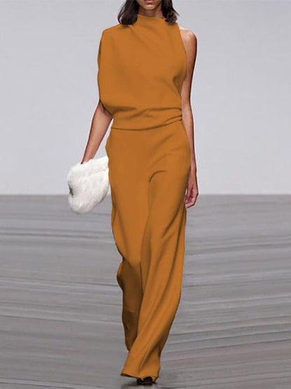 Women's Jumpsuit With Round Neckline, Sleeveless, And Wide Legs