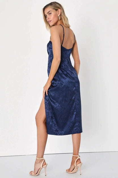 Midi dress with narrow straps and side slit